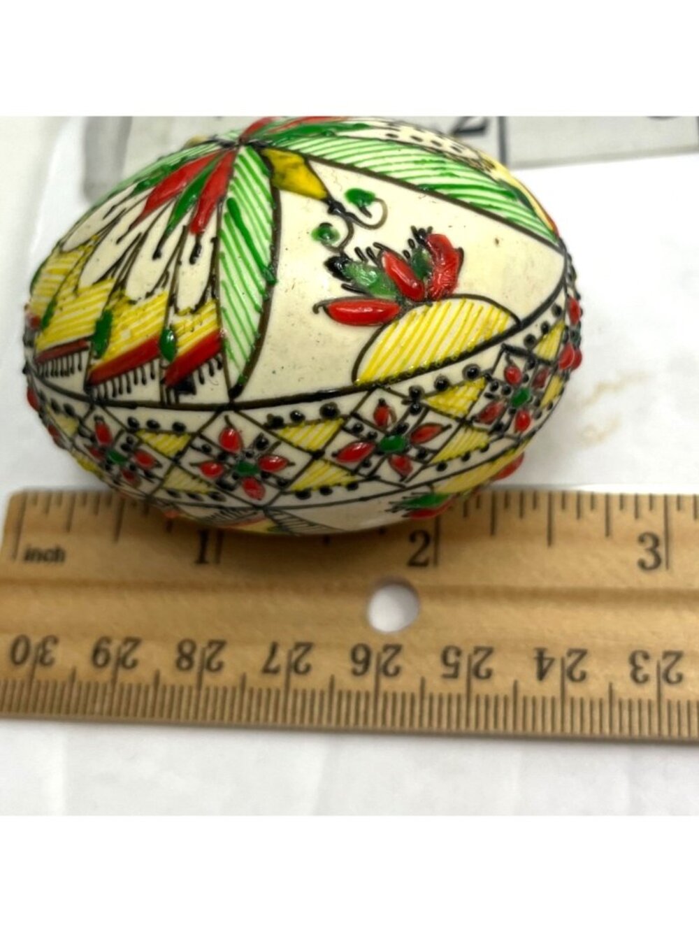 Hand-Painted Ceramic Egg With Intricate Red Yellow & Green Floral Design 2 Inche - Picture 4 of 4